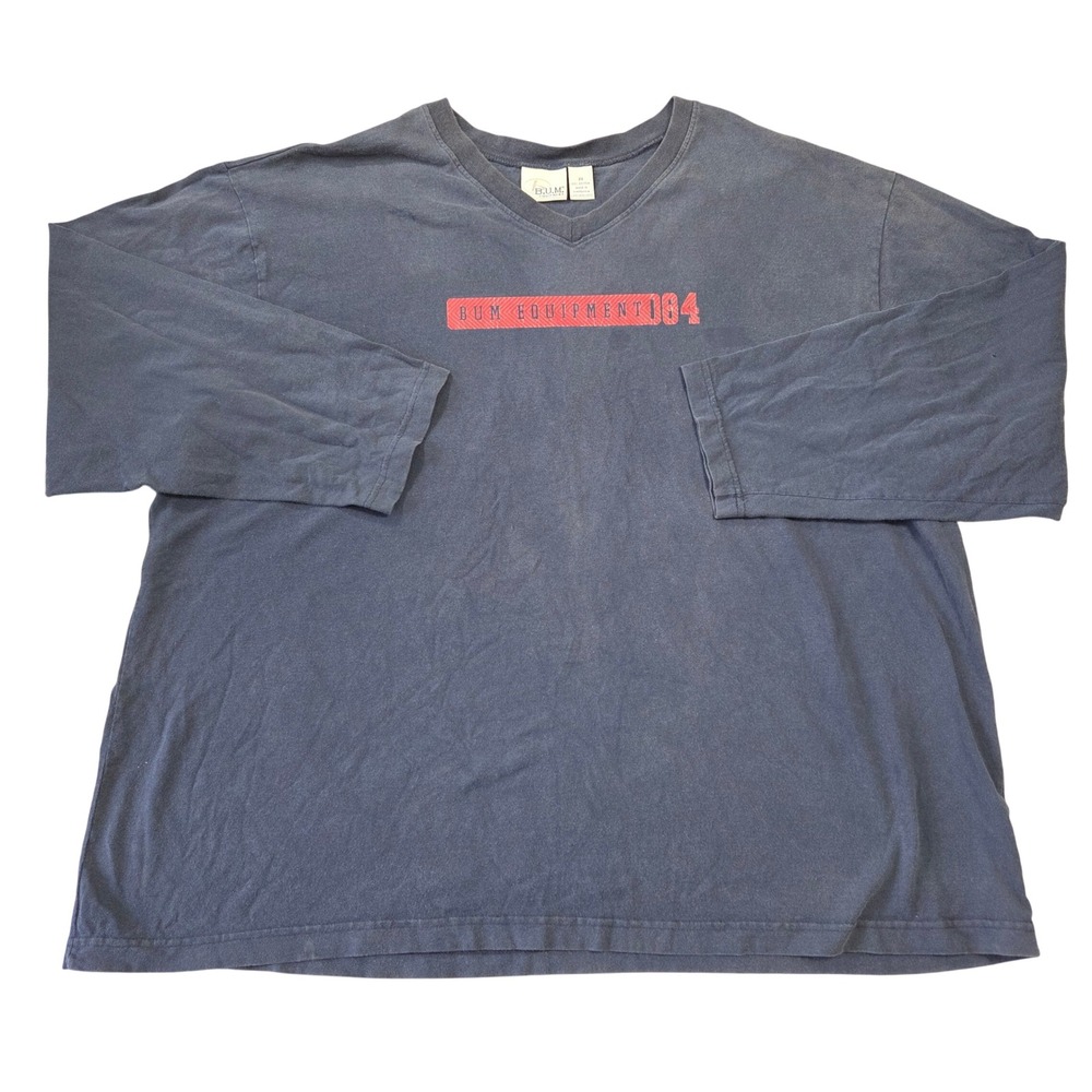 BUM Equipment Mens Navy Blue V-Neck Long Sleeve Graphic T-Shirt 2X Vintage 90s